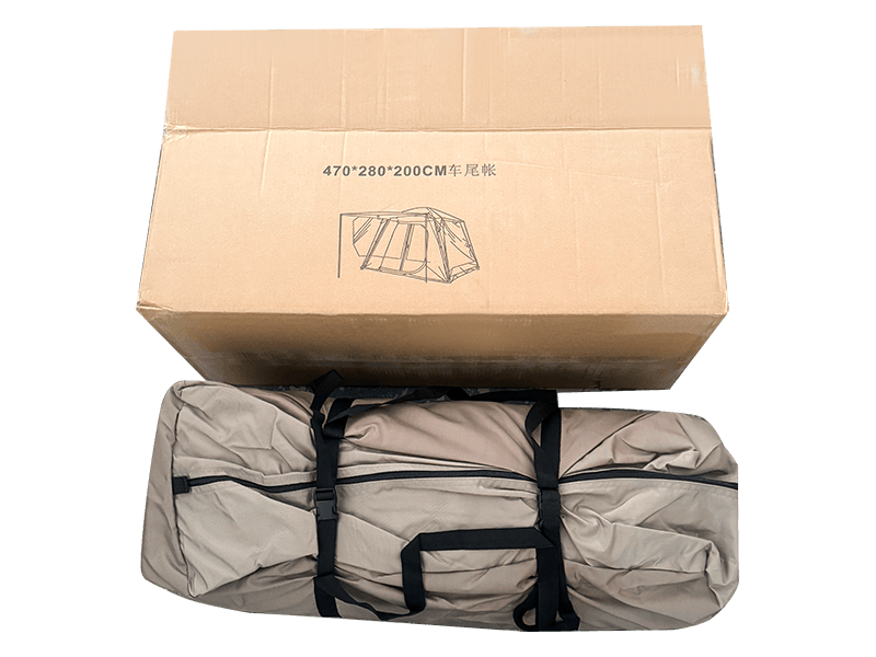 Udendørs camping telt i dobbelt lag, der forbindes til bagenden af ​​et køretøj